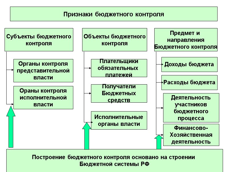 Признаки бюджетного контроля Субъекты бюджетного контроля Органы контроля представительной власти Ораны контроля исполнительной власти